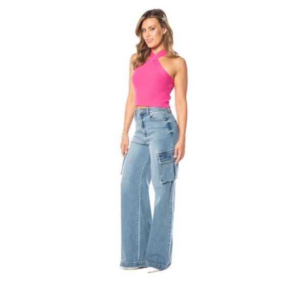 Juicy Couture Womens Wide Leg Cargo Jeans Light blue Denim Size 29 highwaist new - Picture 1 of 13